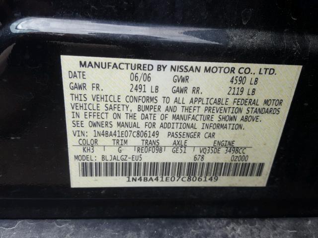 1N4BA41E07C806149 - 2007 NISSAN MAXIMA SE BLACK photo 10