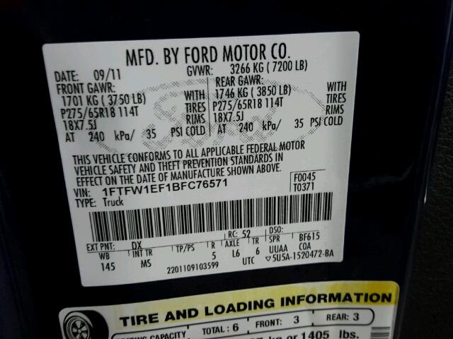 1FTFW1EF1BFC76571 - 2011 FORD F150 SUPER BLUE photo 10