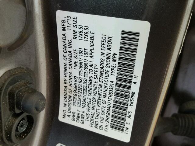 2HKRM4H71EH633914 - 2014 HONDA CR-V EXL GRAY photo 10