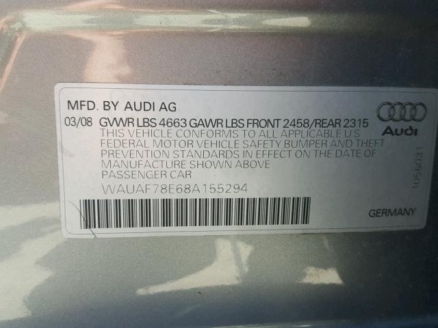 WAUAF78E68A155294 - 2008 AUDI A4 2.0T SILVER photo 10