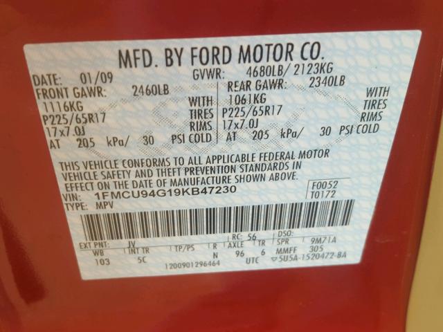 1FMCU94G19KB47230 - 2009 FORD ESCAPE LIM RED photo 10