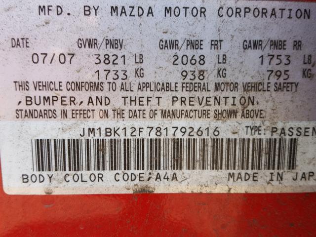 JM1BK12F781792616 - 2008 MAZDA 3 I RED photo 10