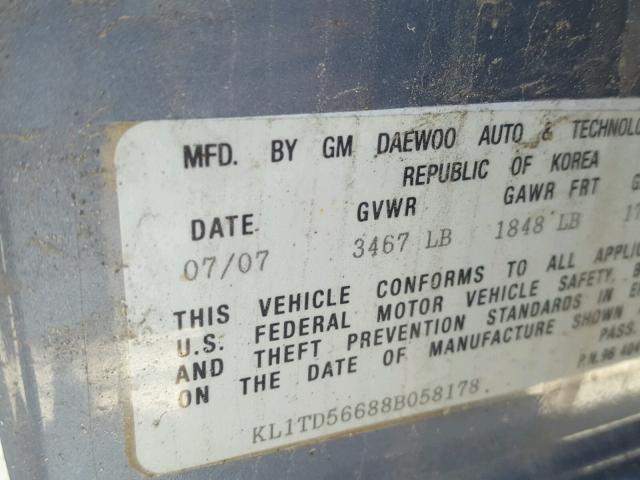 KL1TD56688B058178 - 2008 CHEVROLET AVEO BASE Bleu photo 10