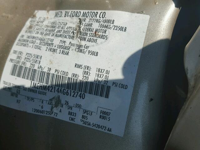 1MEHM42146G612740 - 2006 MERCURY MONTEGO PR 棕色 照片 10