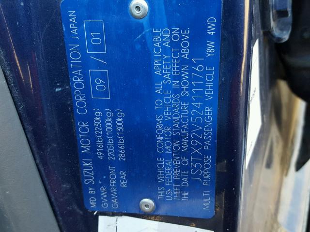 JS3TX92V524111761 - 2002 SUZUKI XL7 PLUS BLUE photo 10