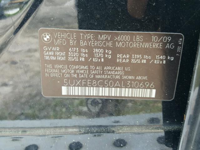 5UXFE8C50AL310696 - 2010 BMW X5 XDRIVE4 BLACK photo 10