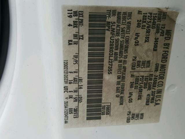 5LMFU28R03LJ27355 - 2003 LINCOLN NAVIGATOR WHITE photo 10