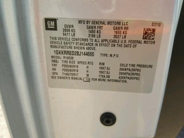 1GKKRRED2BJ144665 - 2011 GMC ACADIA SLT ვერცხლისფერი ფოტო 10