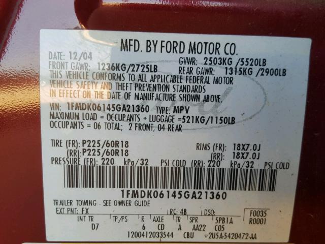 1FMDK06145GA21360 - 2005 FORD FREESTYLE RED photo 10