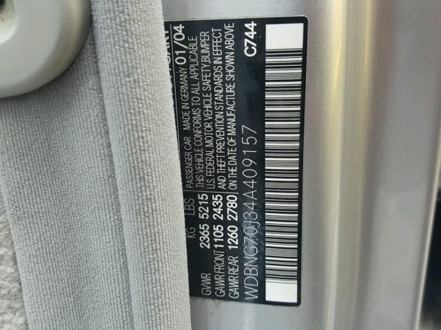 WDBNG70J34A409157 - 2004 MERCEDES-BENZ S 430 SILVER photo 10