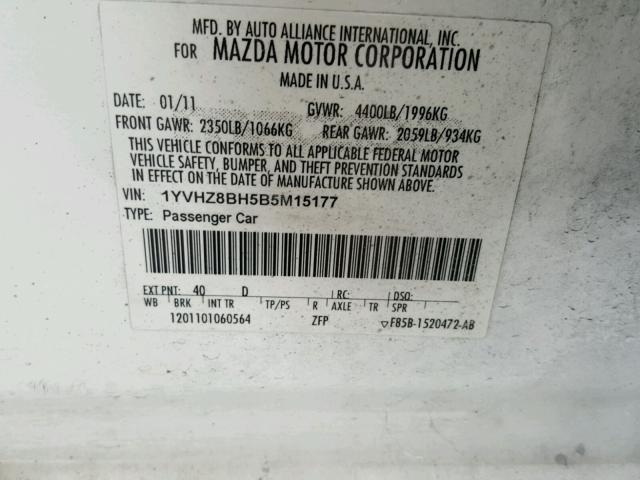 1YVHZ8BH5B5M15177 - 2011 MAZDA 6 I Білий фото 10