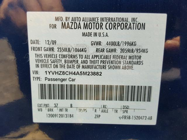 1YVHZ8CH4A5M23882 - 2010 MAZDA 6 I Көк фото 10