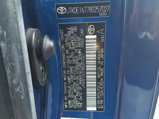 JTKDE167780257027 - 2008 TOYOTA SCION TC 蓝色 照片 10