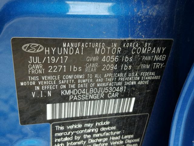 KMHD04LB0JU530481 - 2018 HYUNDAI ELANTRA SP BLUE photo 10