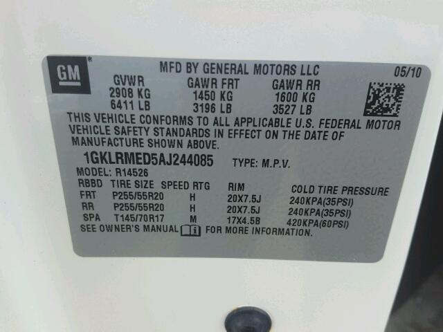 1GKLRMED5AJ244085 - 2010 GMC ACADIA SLT თეთრი ფოტო 10