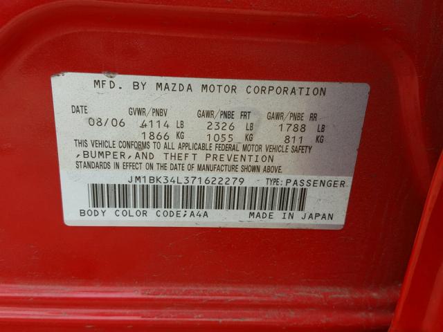 JM1BK34L371622279 - 2007 MAZDA SPEED 3 RED photo 10