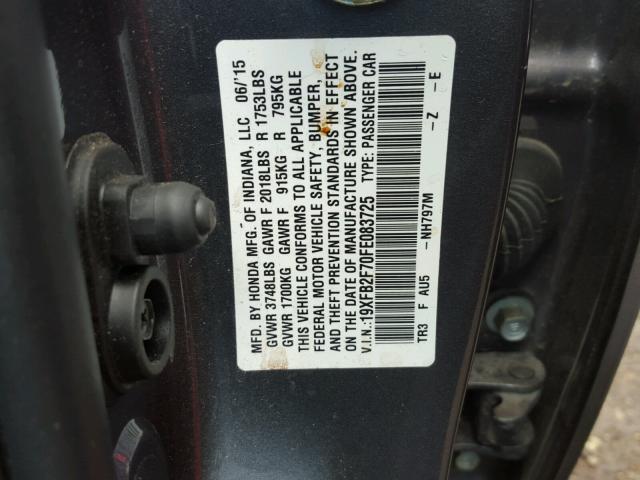 19XFB2F70FE083725 - 2015 HONDA CIVIC SE GRAY photo 10