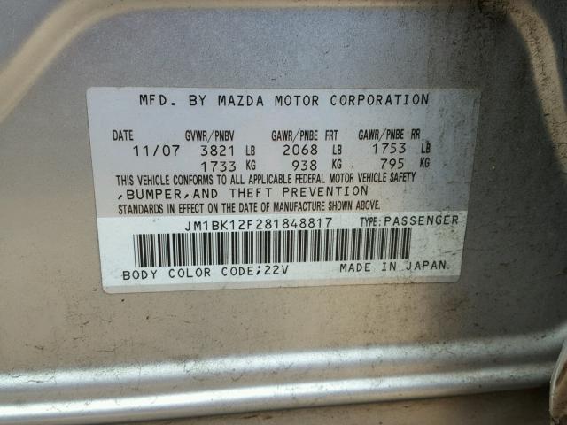 JM1BK12F281848817 - 2008 MAZDA 3 I SILVER photo 10