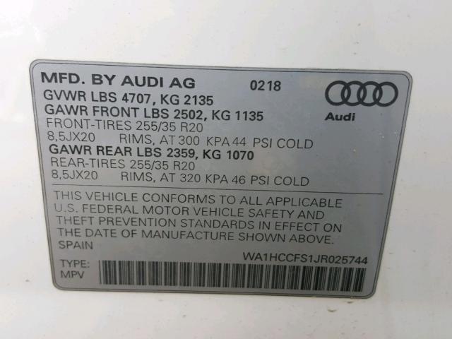 WA1HCCFS1JR025744 - 2018 AUDI Q3 PREMIUM WHITE photo 10