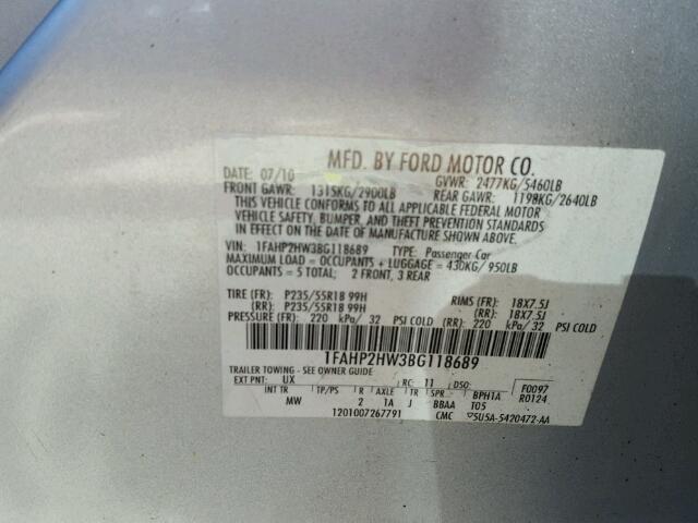 1FAHP2HW3BG118689 - 2011 FORD TAURUS SEL SILVER photo 10