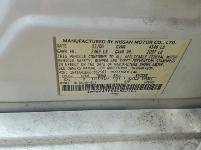 1N4BA41E66C862563 - 2006 NISSAN MAXIMA SE WHITE photo 10