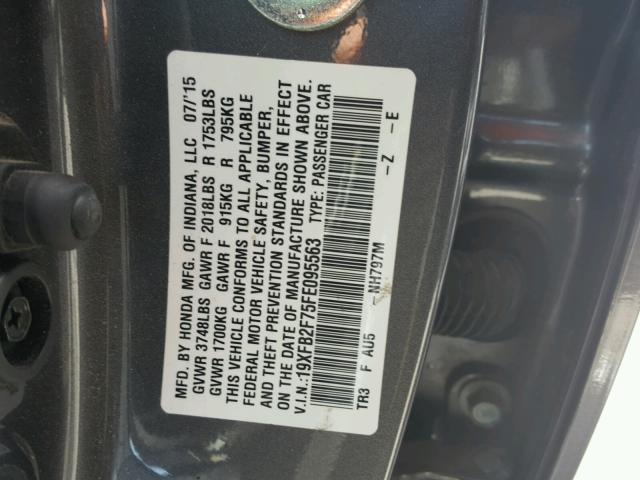 19XFB2F75FE095563 - 2015 HONDA CIVIC SE GRAY photo 10