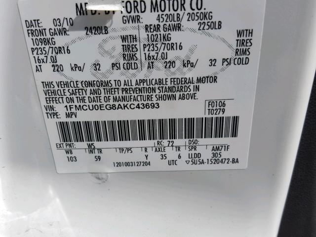 1FMCU0EG8AKC43693 - 2010 FORD ESCAPE LIM WHITE photo 10