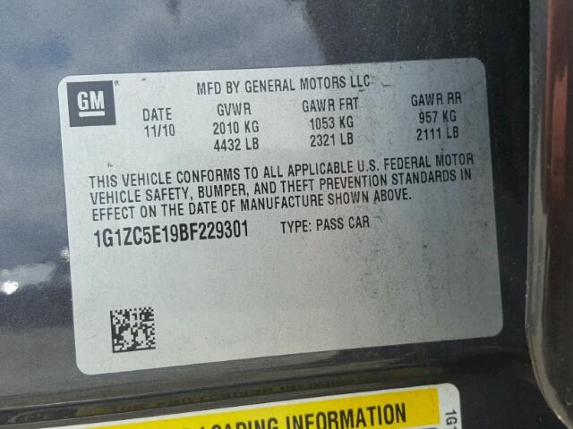 1G1ZC5E19BF229301 - 2011 CHEVROLET MALIBU 1LT 灰色 照片 10