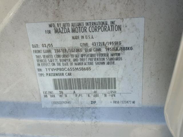 1YVHP80C655M58685 - 2005 MAZDA 6 I Күміс фото 10