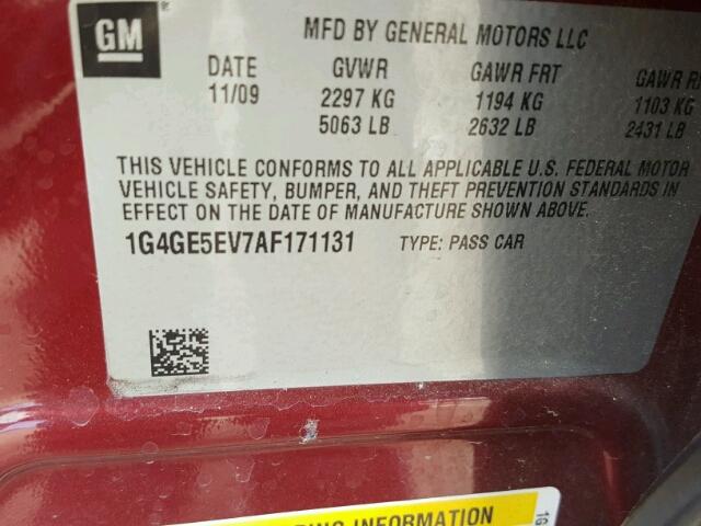 1G4GE5EV7AF171131 - 2010 BUICK LACROSSE C MAROON photo 10