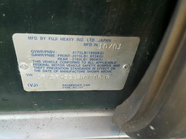 JF1SF65552H740278 - 2002 SUBARU FORESTER S GREEN photo 10