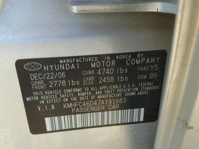 KMHFC46D47A191683 - 2007 HYUNDAI AZERA GLS SILVER photo 10