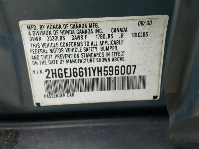 2HGEJ6611YH596007 - 2000 HONDA CIVIC BASE TEAL photo 10