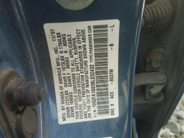 1HGFA16838L032432 - 2008 HONDA CIVIC EX BLUE photo 10