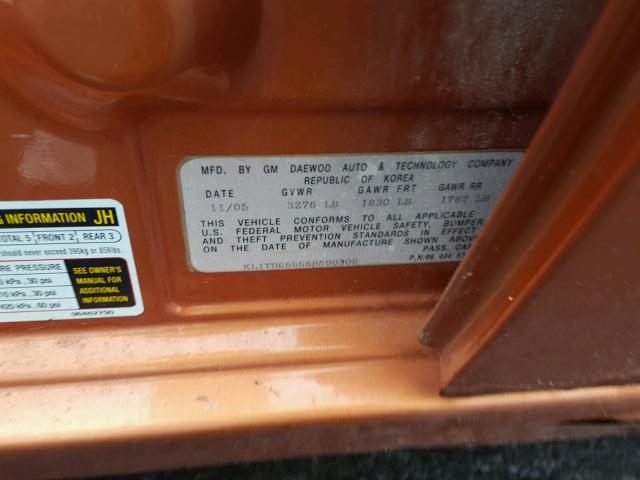 KL1TD66666B590306 - 2006 CHEVROLET AVEO BASE Narıncı foto 10