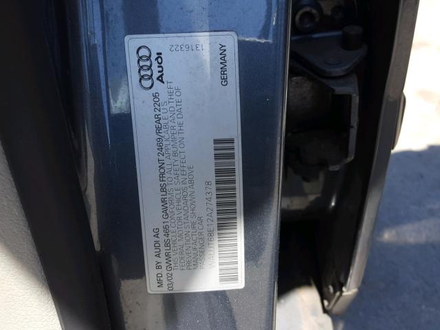 WAUJT68E12A274378 - 2002 AUDI A4 3.0 GRAY photo 10