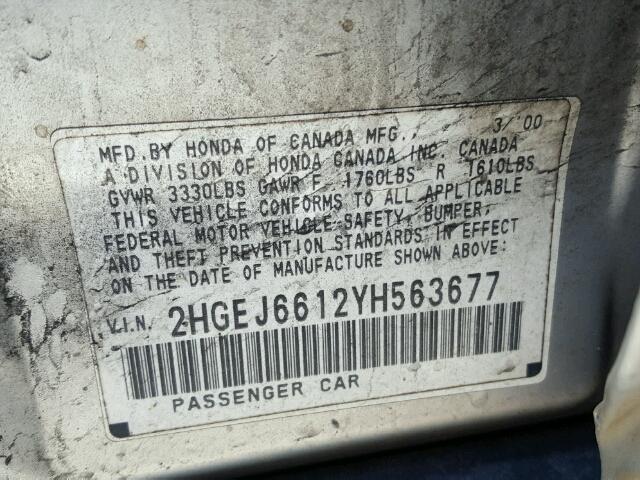 2HGEJ6612YH563677 - 2000 HONDA CIVIC BASE Gümüş foto 10