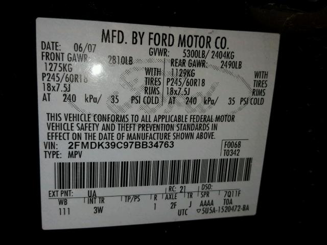 2FMDK39C97BB34763 - 2007 FORD EDGE SEL P BLACK photo 10