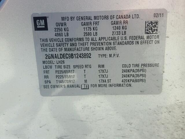 2GNALDEC9B1243892 - 2011 CHEVROLET EQUINOX LT SILVER photo 10