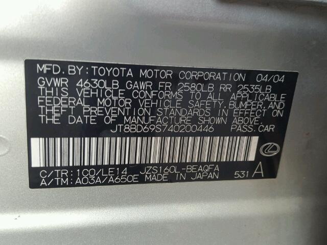 JT8BD69S740200446 - 2004 LEXUS GS 300 SILVER photo 10