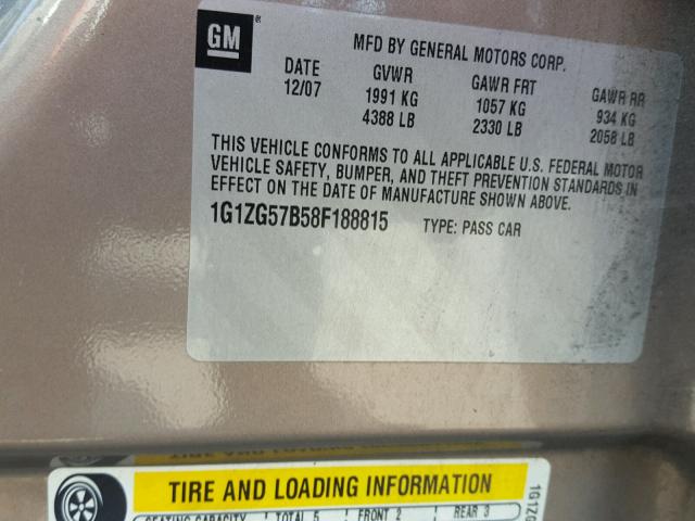 1G1ZG57B58F188815 - 2008 CHEVROLET MALIBU LS 棕色 照片 10