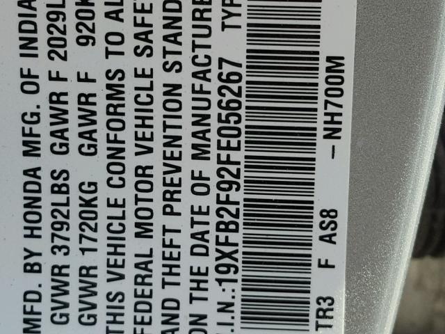 19XFB2F92FE056267 - 2015 HONDA CIVIC EXL 银色 照片 10