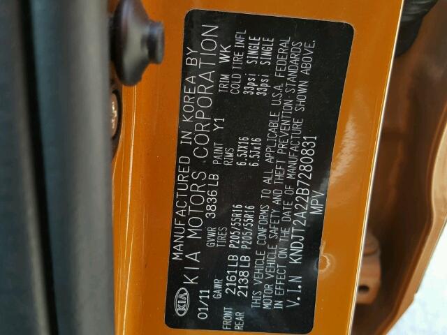 KNDJT2A22B7280831 - 2011 KIA SOUL ORANGE photo 10