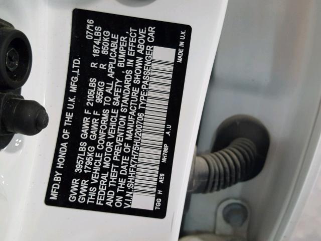 SHHFK7H75HU200706 - 2017 HONDA CIVIC EXL თეთრი ფოტო 10