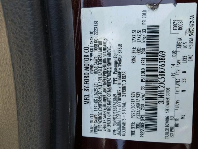 3LNHL2JC5BR763869 - 2011 LINCOLN MKZ BURGUNDY photo 10