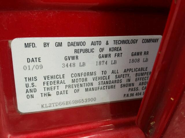 KL2TD66E69B653900 - 2009 PONTIAC G3 RED photo 10