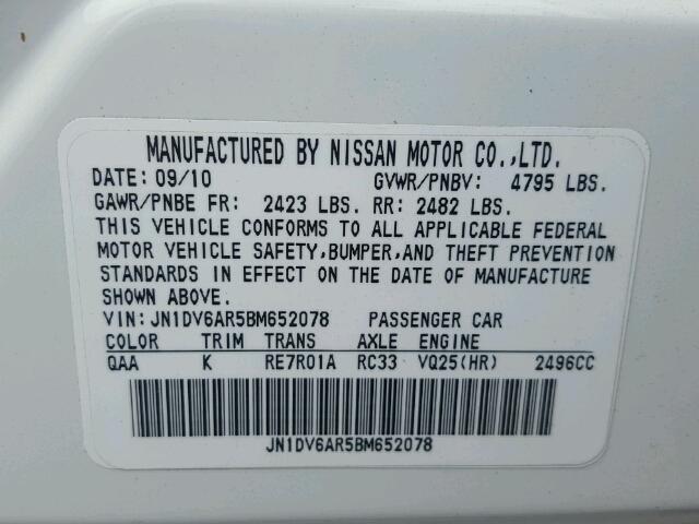 JN1DV6AR5BM652078 - 2011 INFINITI G25 WHITE photo 10