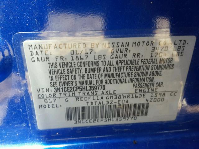 3N1CE2CP5HL359770 - 2017 NISSAN VERSA NOTE BLUE photo 10