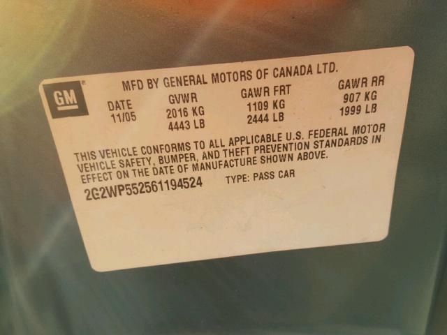 2G2WP552561194524 - 2006 PONTIAC GRAND PRIX TURQUOISE photo 10