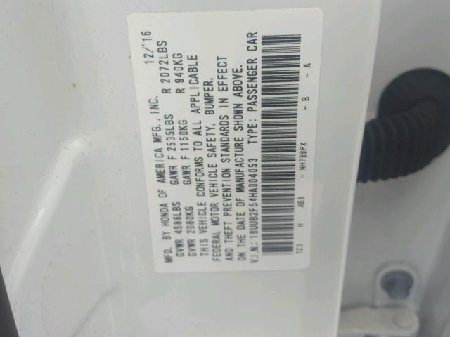 19UUB2F54HA004053 - 2017 ACURA TLX TECH WHITE photo 10